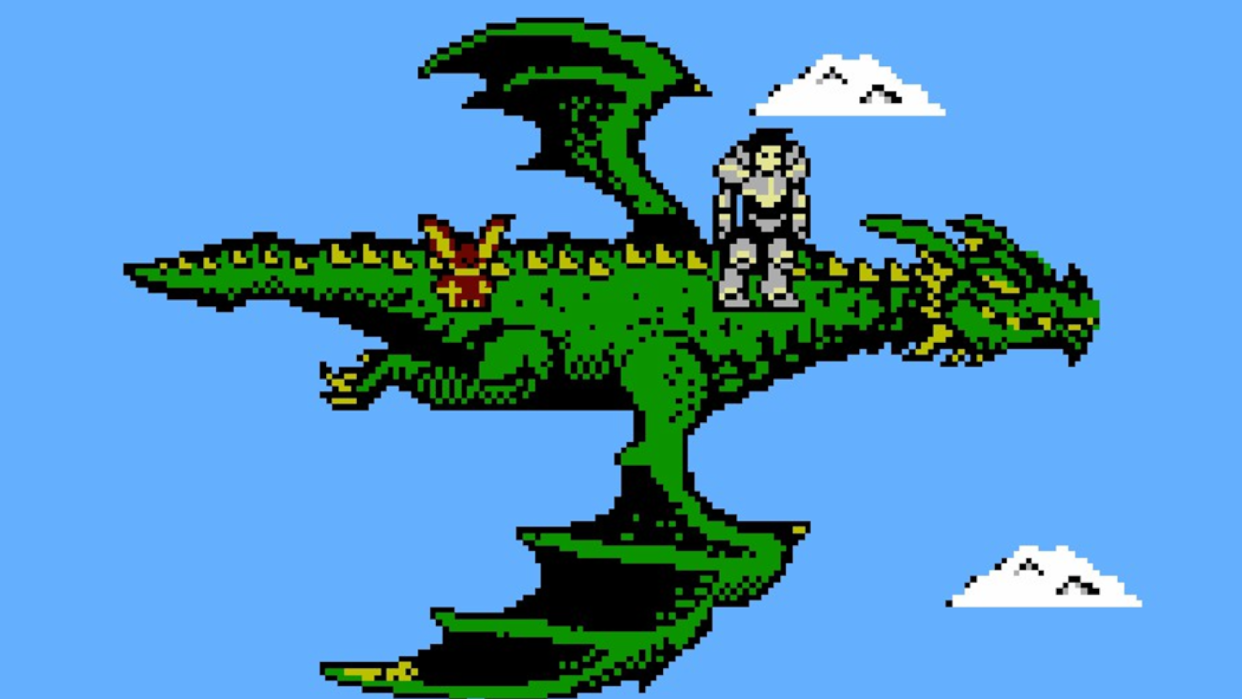  Artix and a Moglin stand atop a pixel dragon soaring through the air in AdventureQuest 8-Bit: Dungeons & DoomKnights. 