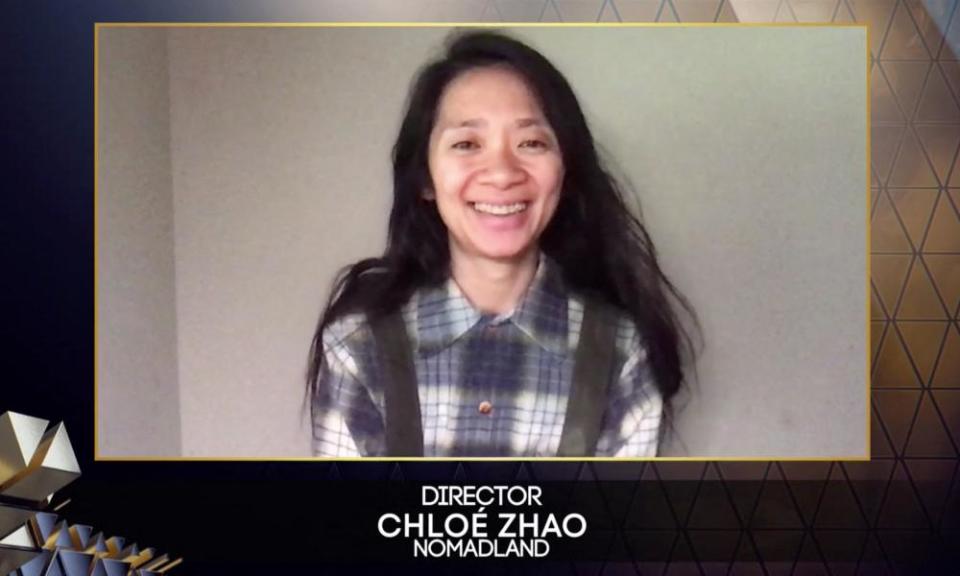 Chloé Zhao wins best director, wearing plaid.