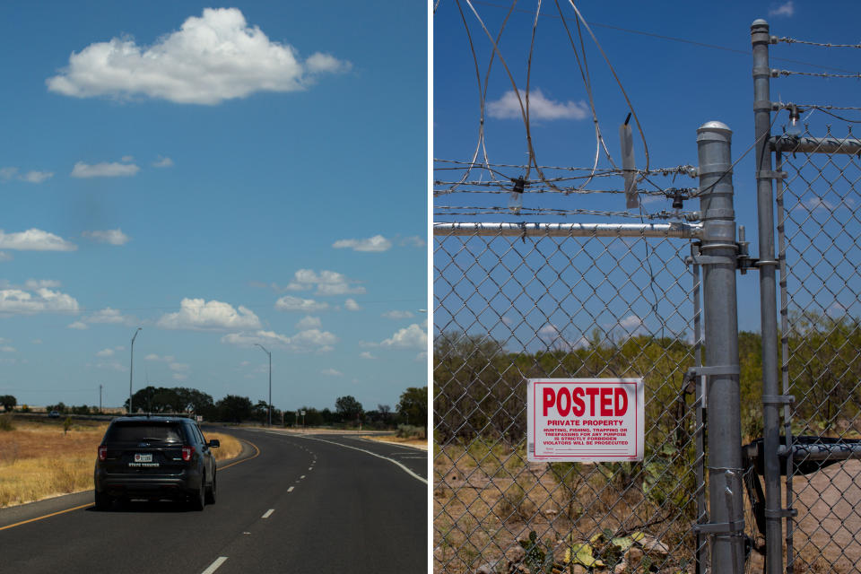 A Texas Department of Public Safety State Trooper drives down Highway 90 towards Brackettville; part of Texas Gov. Greg Abbott’s Operation Lone Star chain-link fence topped with razor wire separates a residential neighborhood bordering the Rio Grande River from the interior of the state in Del Rio, Texas. (Kaylee Greenlee Beal for NBC News)