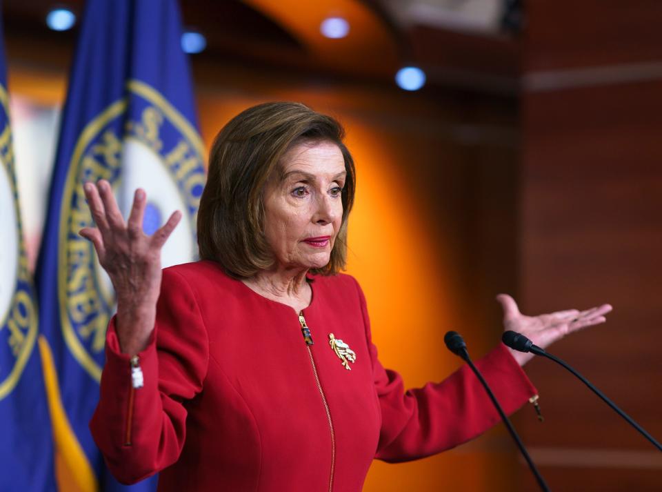 House Speaker Nancy Pelosi, D-Calif., meets with reporters on Sept. 8, 2021, to discuss President Joe Biden's domestic agenda including passing a bipartisan infrastructure bill and pushing through a Democrats-only expansion of the social safety net, at the Capitol in Washington.