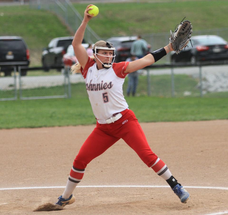 Johnstown senior Macy Walters pitches against Lakewood on Friday, April 21, 2023. The host Johnnies led 3-0 in the fourth inning when a storm suspended play.