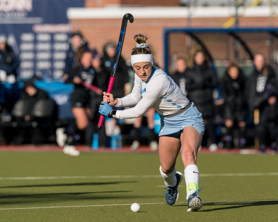 STORRS, CT - NOVEMBER 20: Erin Matson #1 of University of North Carolina takes a shot during 2022 NCAA Division I Field Hockey Championship game between Northwestern and North Carolina at Sherman Complex on November 20, 2022 in Storrs, Connecticut. (Photo by Andrew Katsampes/ISI Photos/Getty Images).