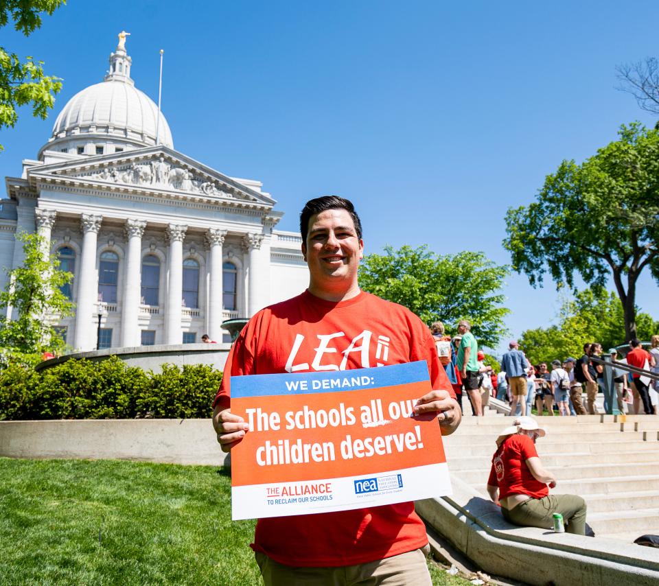 Jesse Martinez, Logan Middle School teacher in La Crosse and President of La Crosse Education Association, attends the Wisconsin Education Association Council's rally to support Governor Evers’ Education Budget on Saturday May 20, 2023 at the Wisconsin State Capitol in Madison, Wis.