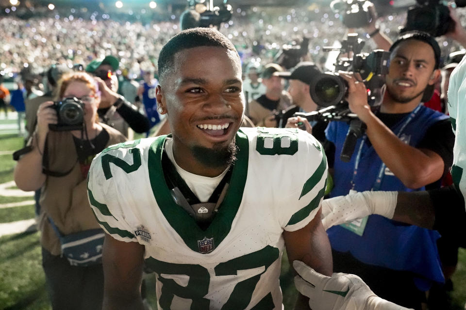 New York Jets wide receiver Xavier Gipson (82) celebrates after running a punt return back for a touchdown against the Buffalo Bills in overtime of an NFL football game, Monday, Sept. 11, 2023, in East Rutherford, N.J. (AP Photo/Seth Wenig)