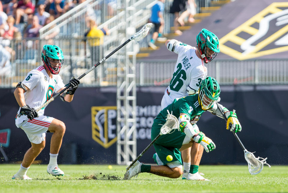 CHESTER, PA - SEPTEMBER 21: Whipsnakes LC defense Tim Muller (36) and Redwoods LC attack Jules Heningburg (7) in action during the Premier Lacrosse League Championship game between Redwoods LC and Whipsnakes LC on September 21, 2019, at Talen Energy Stadium in Chester, PA. (Photo by M. Anthony Nesmith/Icon Sportswire via Getty Images