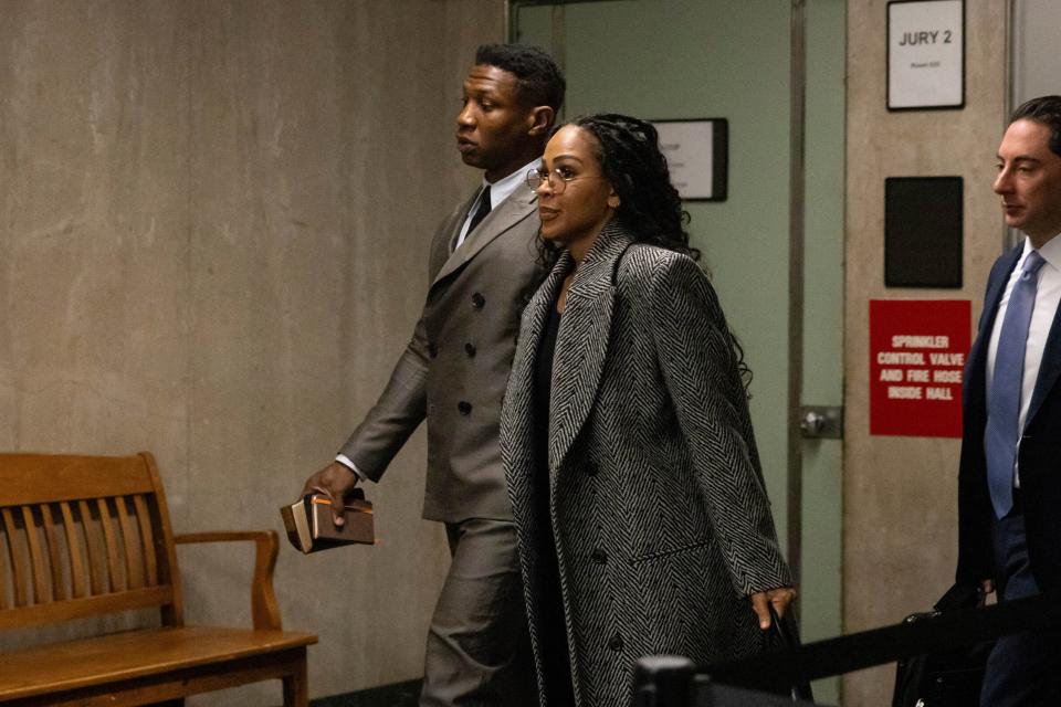 Actor Jonathan Majors and Meagan Good exit a courtroom during a break in jury selection in his domestic violence case, Wednesday, Nov. 29, 2023, in New York. (AP Photo/Yuki Iwamura) (AP)