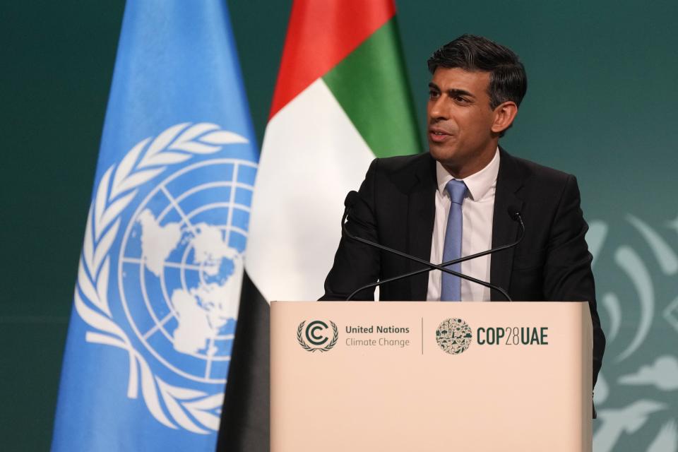 Britain Prime Minister Rishi Sunak speaks during a plenary session at the COP28 U.N. Climate Summit, Friday, Dec. 1, 2023, in Dubai, United Arab Emirates. (AP Photo/Peter Dejong)