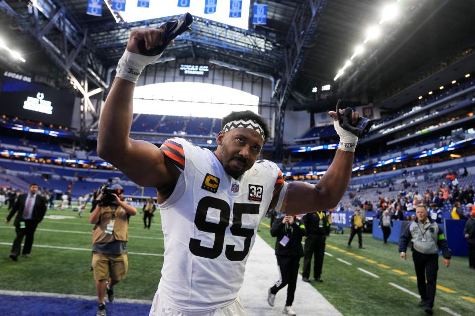 Cleveland Browns defensive end Myles Garrett (95) celebrates as he walks off the field after an Oct. 22 game against the Indianapolis Colts in Indianapolis.