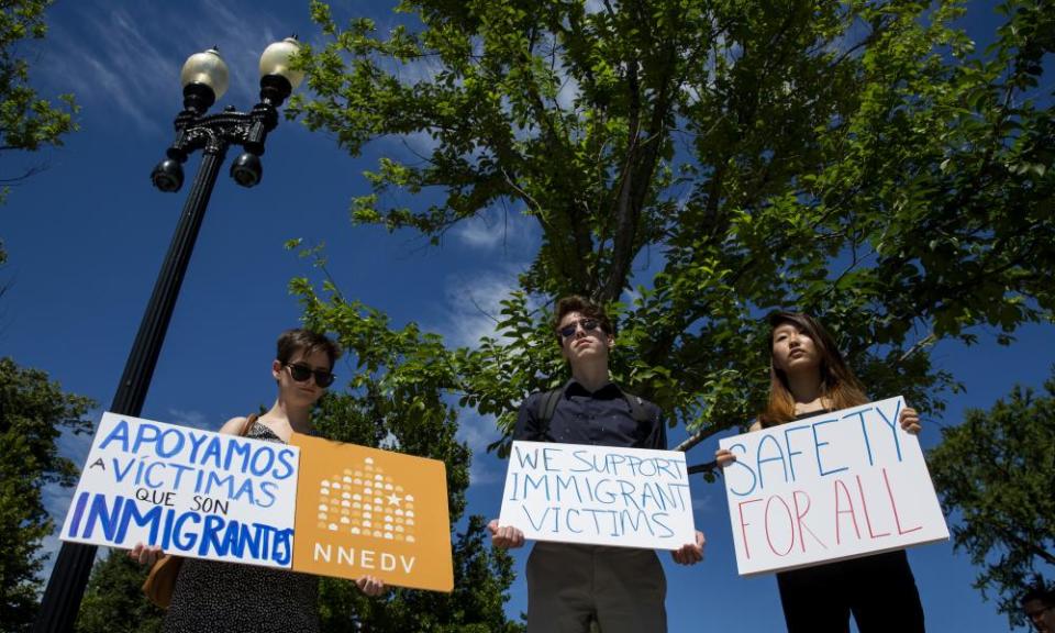 People protest outside the supreme court after it was announced that the court would allow a limited version of Donald Trump’s travel ban to take effect.