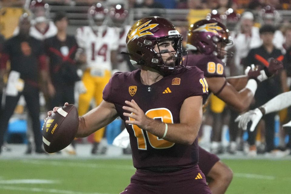 Arizona State quarterback Drew Pyne (10) throws the ball against Southern California during the first half of an NCAA college football game, Saturday, Sept. 23, 2023, in Tempe, Ariz. (AP Photo/Rick Scuteri)