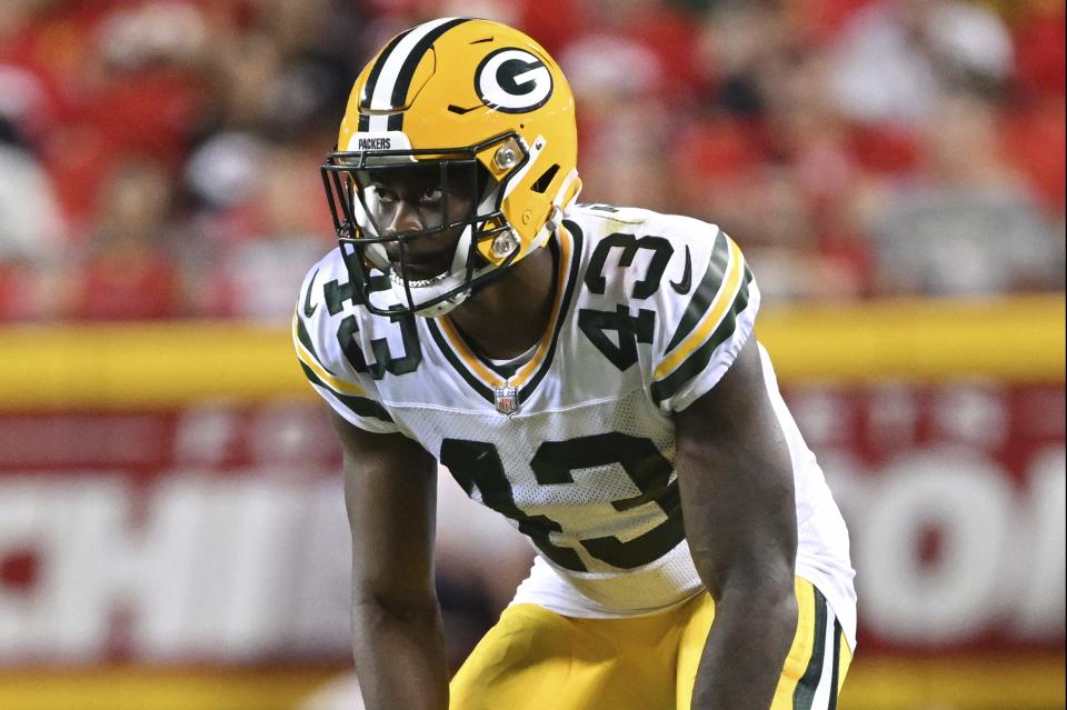 Green Bay Packers cornerback <a class="link " href="https://sports.yahoo.com/nfl/players/33749" data-i13n="sec:content-canvas;subsec:anchor_text;elm:context_link" data-ylk="slk:Kiondre Thomas;sec:content-canvas;subsec:anchor_text;elm:context_link;itc:0">Kiondre Thomas</a> (43) gets set on defense during an NFL pre-season football game against the <a class="link " href="https://sports.yahoo.com/nfl/teams/kansas-city/" data-i13n="sec:content-canvas;subsec:anchor_text;elm:context_link" data-ylk="slk:Kansas City Chiefs;sec:content-canvas;subsec:anchor_text;elm:context_link;itc:0">Kansas City Chiefs</a> Thursday, Aug. 25, 2022, in Kansas City, Mo. (AP Photo/Peter Aiken)