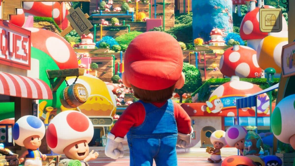 super mario and toad survey the land in a scene from the super mario bros movie, a good housekeeping pick for best kids movies 2023