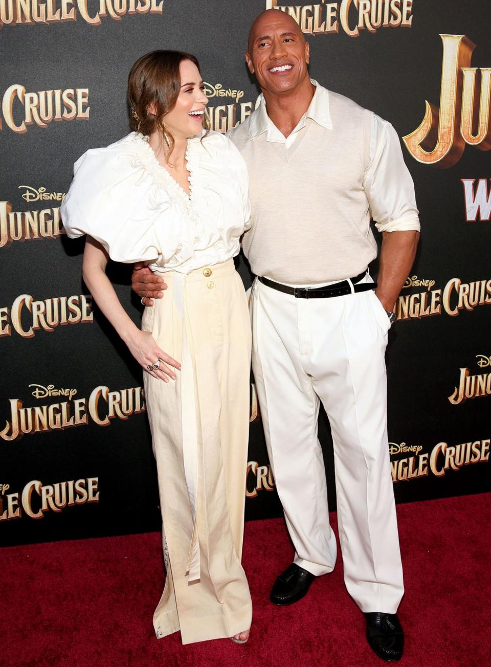 <p>Emily Blunt and Dwayne Johnson arrive in style at the world premiere of <em>Jungle Cruise</em> at Disneyland in Anaheim.</p>