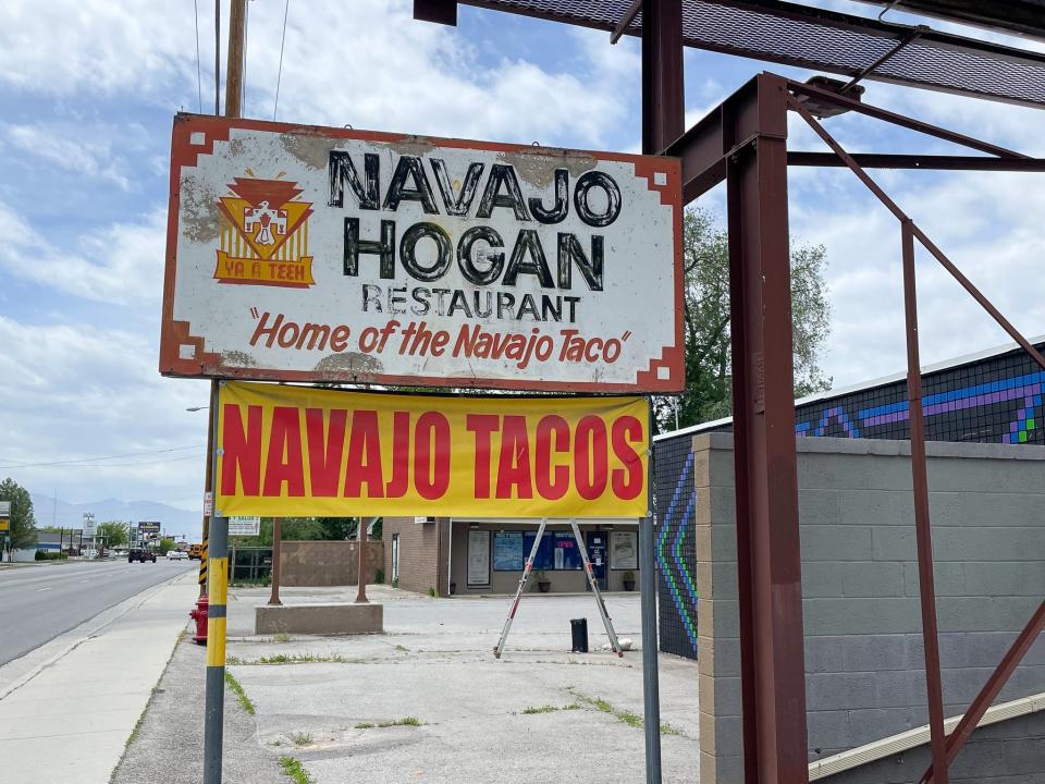 The sign out front of Navajo Hogan in Salt Lake City, Utah.