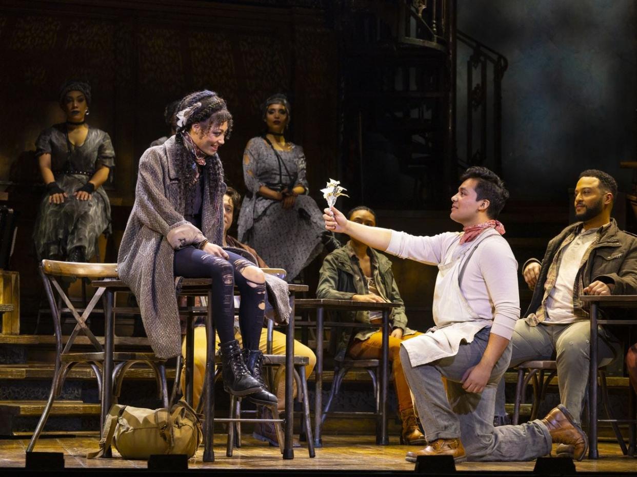 Hannah Whitley, left, and J. Antonio Rodriguez are Eurydice and Orpheus, respectively, in “Hadestown,” at the Aronoff Center through April 30.
