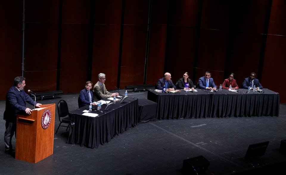 The second group of five candidates takes the stage during the final hour of the 2023 Rhode Island CD1 special election candidate forum.