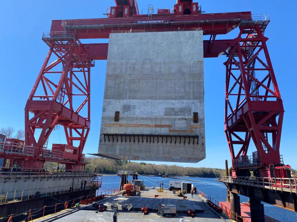 One of 27 concrete monolith structures is seen at Cianbro Corporation's modular manufacturing facility in Brewer, Maine, being prepared for transportation to Portsmouth Naval Shipyard.