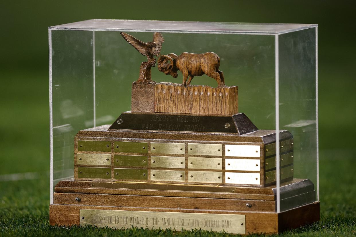 A general view of the Ram-Falcon Trophy in the second quarter between the Colorado State Rams and the Air Force Falcons at Sonny Lubrick Field at Canvas Stadium.