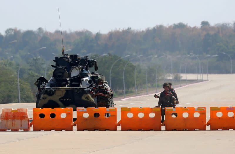 FILE PHOTO: Myanmar's military checkpoint is seen on the way to the congress compound in Naypyitaw, Myanmar