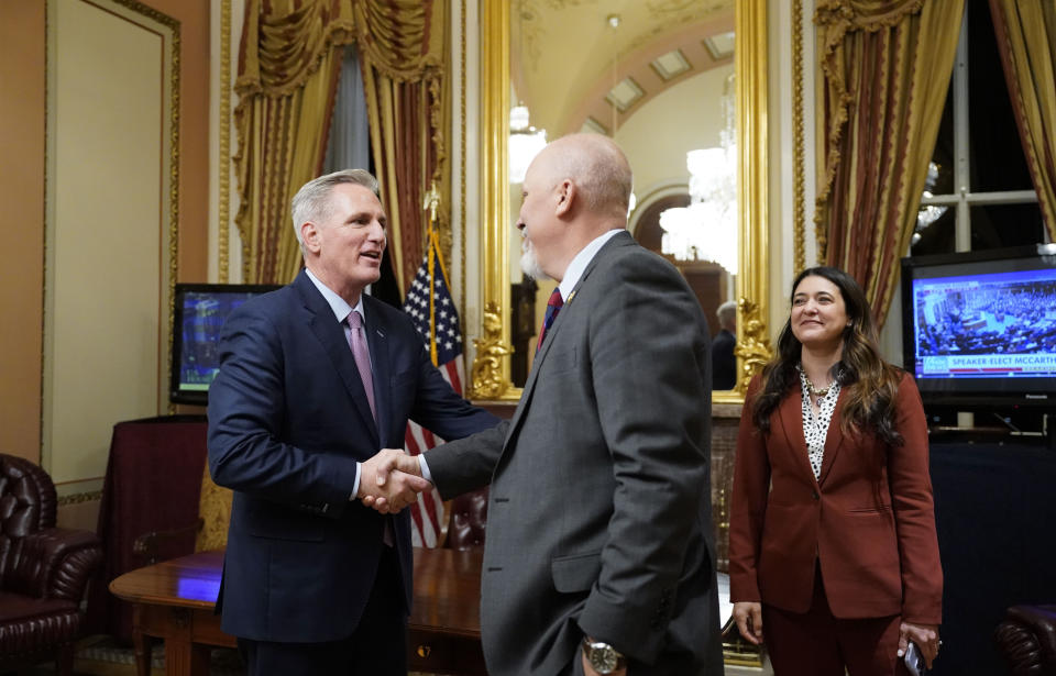 Washington , D.C.  - January 6: Rep. Kevin McCarthy (R-Calif.) greets Chip Roy (R-Tex.) after being elected speaker in 15 rounds of votes in a meeting of the 118th Congress, Friday, January 6, 2023, at the U.S. Capitol in Washington DC.  The House reconvened Friday night after adjourning earlier for a fourth day of voting after Rep.-elect Kevin McCarthy failed to earn more than 218 votes on 11 ballots over three days.  (Photo by Jabin Botsford/The Washington Post via Getty Images)