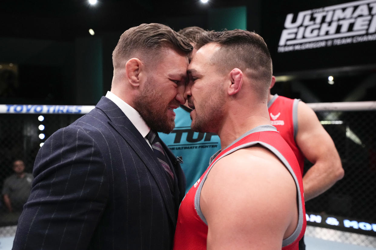 LAS VEGAS, NEVADA - MARCH 03:  (L-R) Conor McGregor and Michael Chandler face off during the filming of The Ultimate Fighter at UFC APEX on March 3, 2023 in Las Vegas, Nevada. (Photo by Chris Unger/Zuffa LLC)