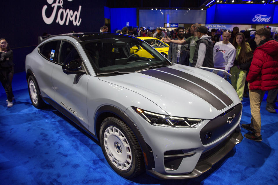 A Ford Mustang Mach-E Rally electric vehicle is at the New York International Auto Show in New York on Saturday, March 30, 2024. (AP Photo/Ted Shaffrey)