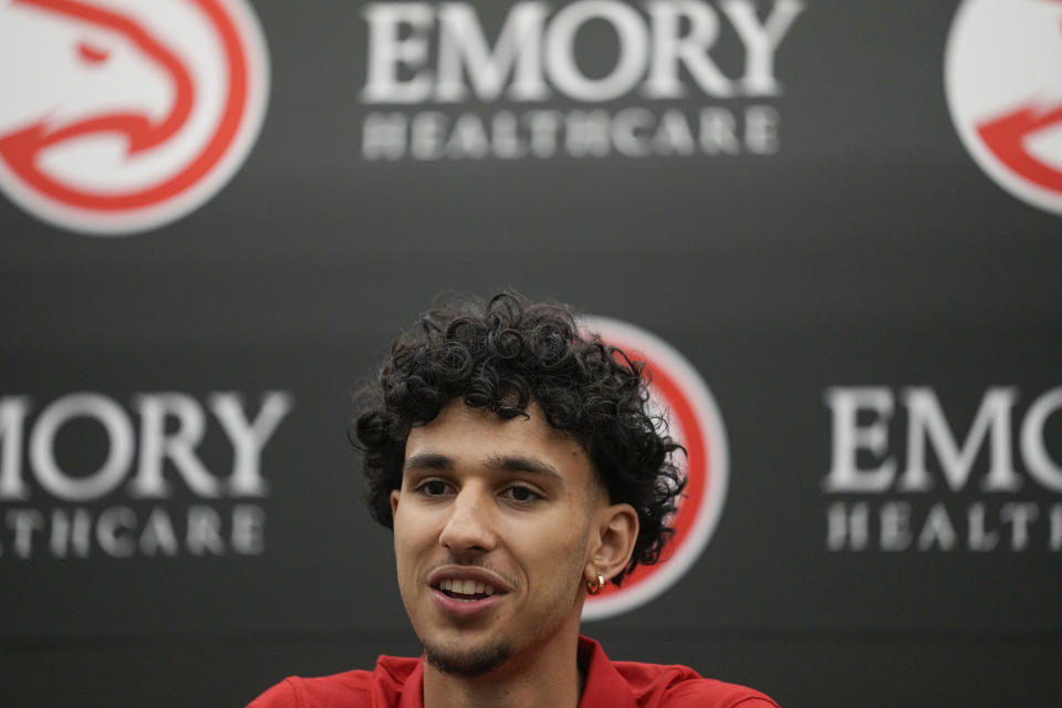 Atlanta Hawks' Zaccharie Risacher speaks during an NBA basketball news conference, Friday, June 28, 2024, in Atlanta. Risacher was selected as the first overall pick by the Atlanta Hawks in the first round of the NBA basketball draft. (AP Photo/Brynn Anderson)