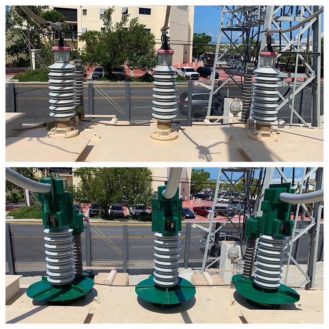 This photo collage shows the Kennedy Drive electrical substation in Key West before (above) and after (below) the Greenjacket pilot program installation in June 2019.