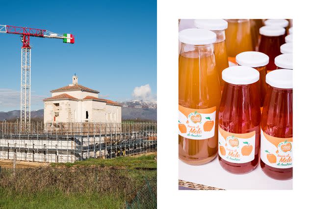 <p>Francesco Lastrucci</p> From left: Ongoing reconstruction at a church in Amatrice's old town; apple juice from Casale Nibbi, an apple farm west of Amatrice.