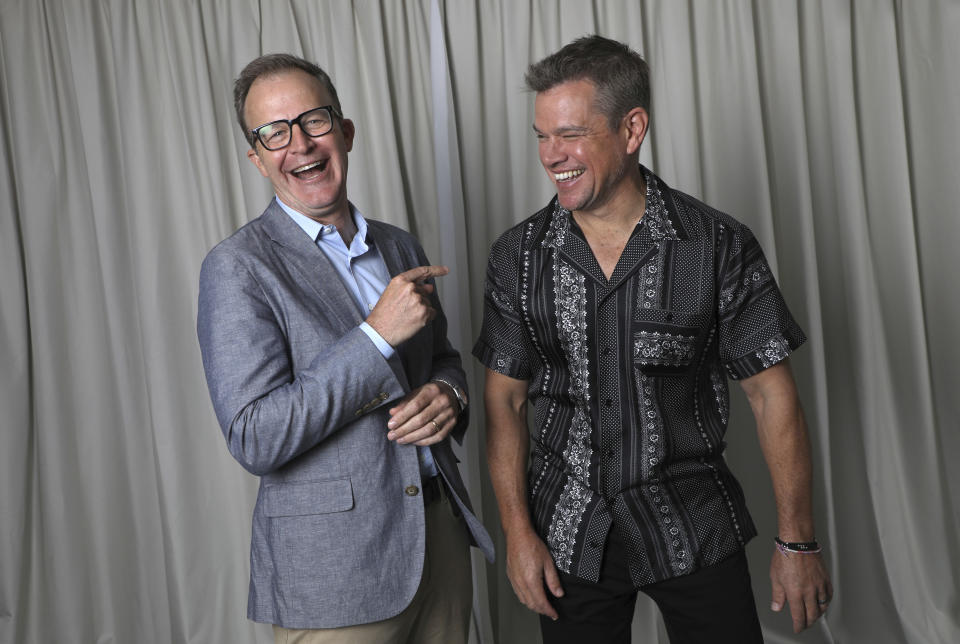 FILE - In this July 11, 2021 file photo Director Tom McCarthy, left, and Matt Damon pose for portrait photographs for the film 'Stillwater', at the 74th international film festival, Cannes, southern France. (Photo by Vianney Le Caer/Invision/AP, File)