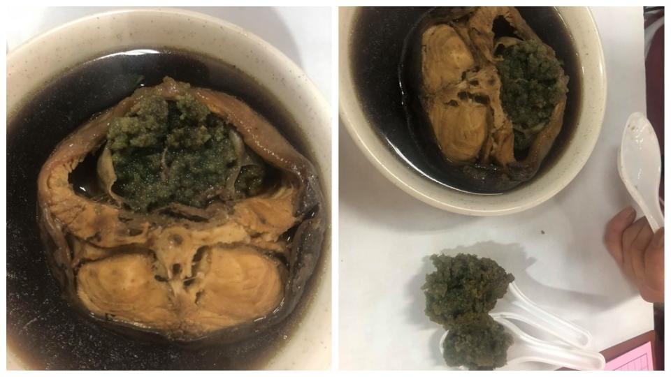 1名女網友點了藥燉土虱來吃，結果驚見綠色魚卵，讓她直呼噁心不敢再吃了。(圖／翻攝自爆廢公社二館)