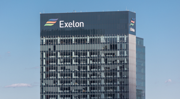 The logo for Exelon (EXC) is visible at the top of an office building.