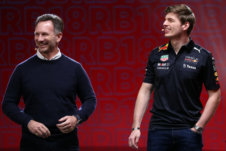 Red Bull Racing Team Principal Christian Horner (pictured left) and Max Verstappen (pictured right) speak on stage.
