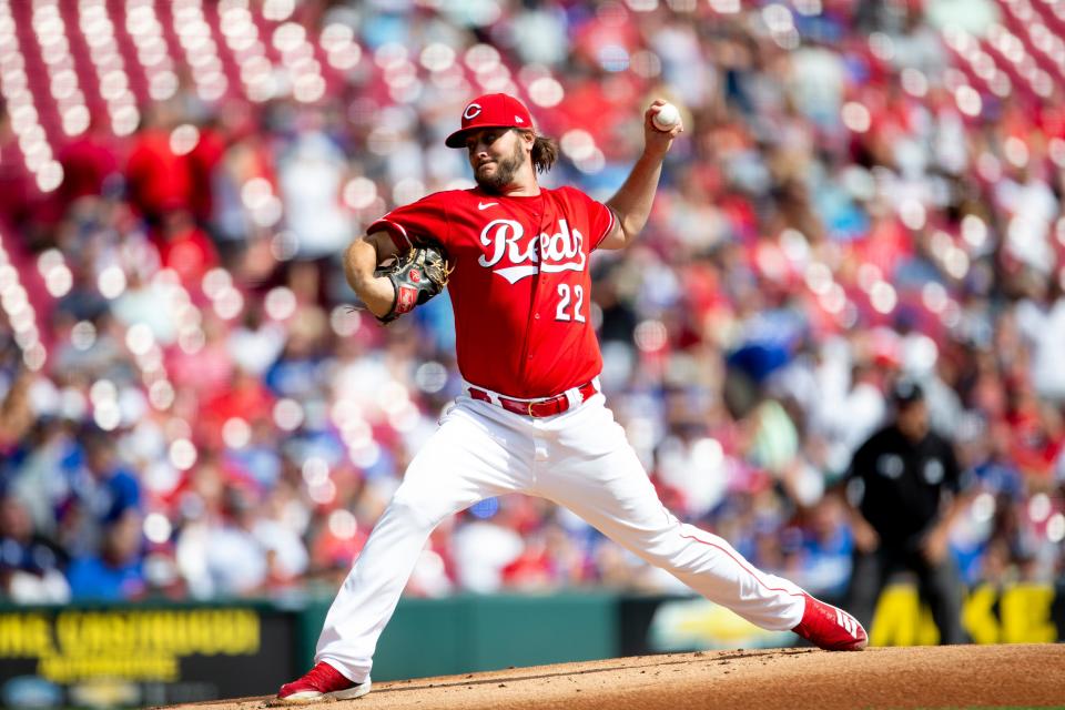 Cincinnati Reds starting pitcher Wade Miley (22) throws a pitch in the first inning of the MLB baseball game between the Cincinnati Reds and the Los Angeles Dodgers on Sunday, Sept. 19, 2021, at Great American Ball Park in Cincinnati. 