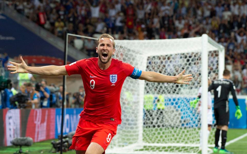 Harry Kane celebrates scoring the winner against Tunisia at the 2018 World Cup - Harry Kane's record-breaking England career in four stages - Telegraph/Julian Simmonds