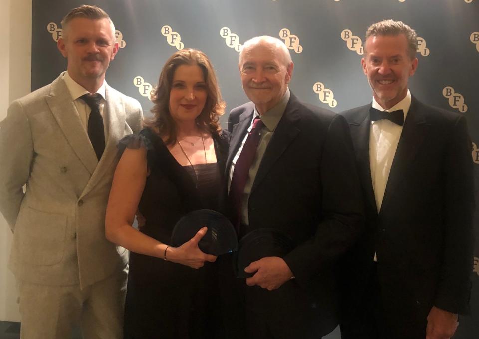 Ben Roberts, Barbara Broccoli, Michael G. Wilson and Tim Richards at BFI Chair’s Dinner - Credit: Bamigboye/Deadline