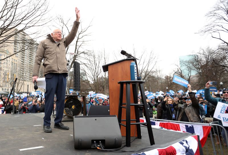 Democratic 2020 U.S. presidential candidate Senator Bernie Sanders greets supporters at his rally in Boston