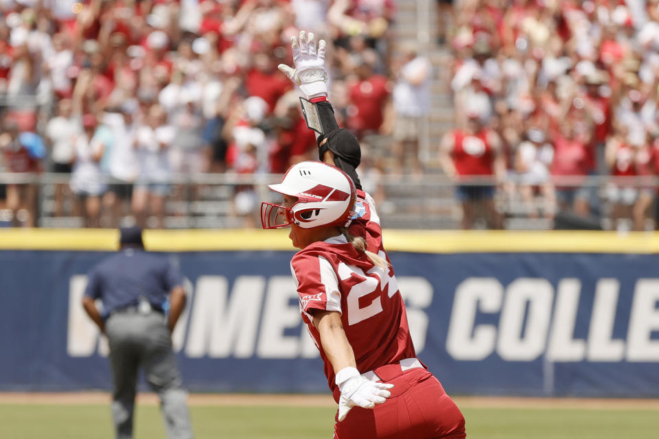 Jayda Coleman reacts after hitting a home run during the second inning of Game 3 of the Women's College World Series Championship against the Florida St. Seminoles at USA Softball Hall of Fame Stadium on June 10, 2021 in Oklahoma City, Oklahoma. 