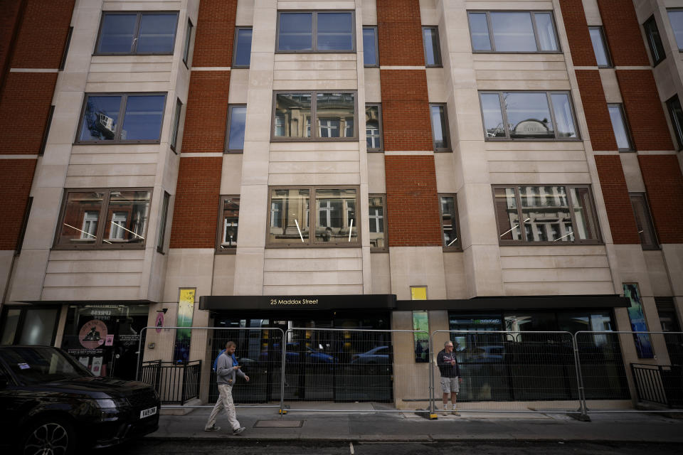 An exterior view of 25 Maddox Street in the Mayfair district of London, Monday, Oct. 4, 2021. The property is linked to Azerbaijani President Ilham Aliyev in a new report dubbed the Pandora Papers that sheds light on how world leaders, powerful politicians, billionaires and others have used offshore accounts to shield assets collectively worth trillions of dollars over the past quarter-century. (AP Photo/Matt Dunham)