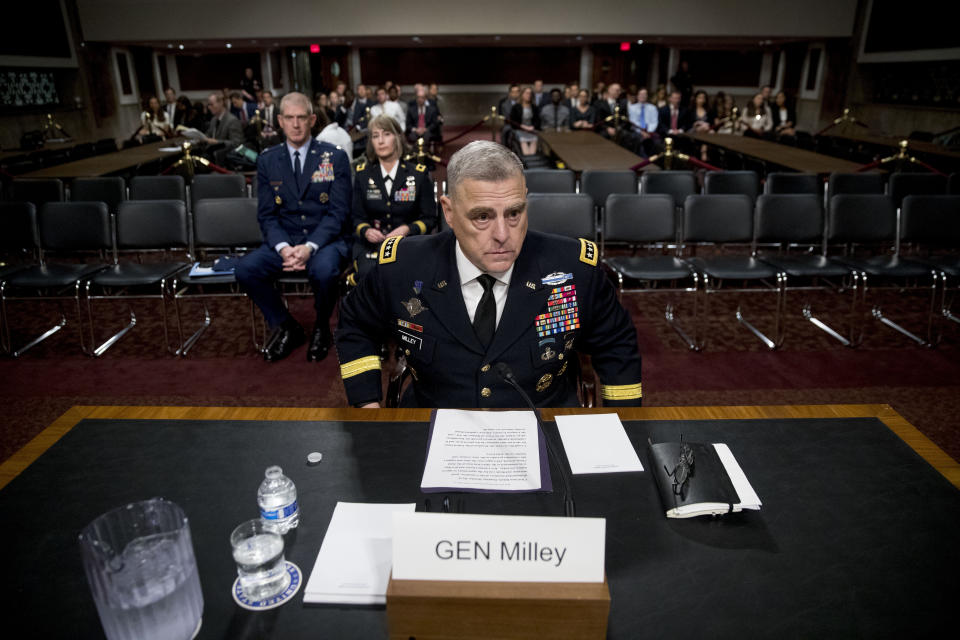 FILE - Gen. Mark Milley appears before a Senate Armed Services Committee hearing on Capitol Hill in Washington, Thursday, July 11, 2019, for reappointment to the grade of general and to be Joint Chiefs of Staff Chairman. (AP Photo/Andrew Harnik, File)