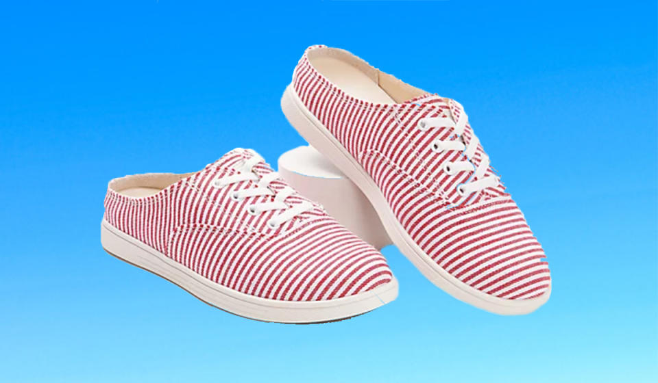 Red and white striped slip on canvas sneakers