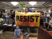 Opponents of a proposed natural gas line that would run through New Jersey's federally protected Pinelands reserve gather inside a hotel in Cherry Hill N.J., Friday Feb. 24, 2017 before a Pinelands Commission meeting at which the proposal was to be voted on. The pipeline has become one of the most hotly contested jobs vs. environment clashes in recent New Jersey history. (AP Photo/Wayne Parry)