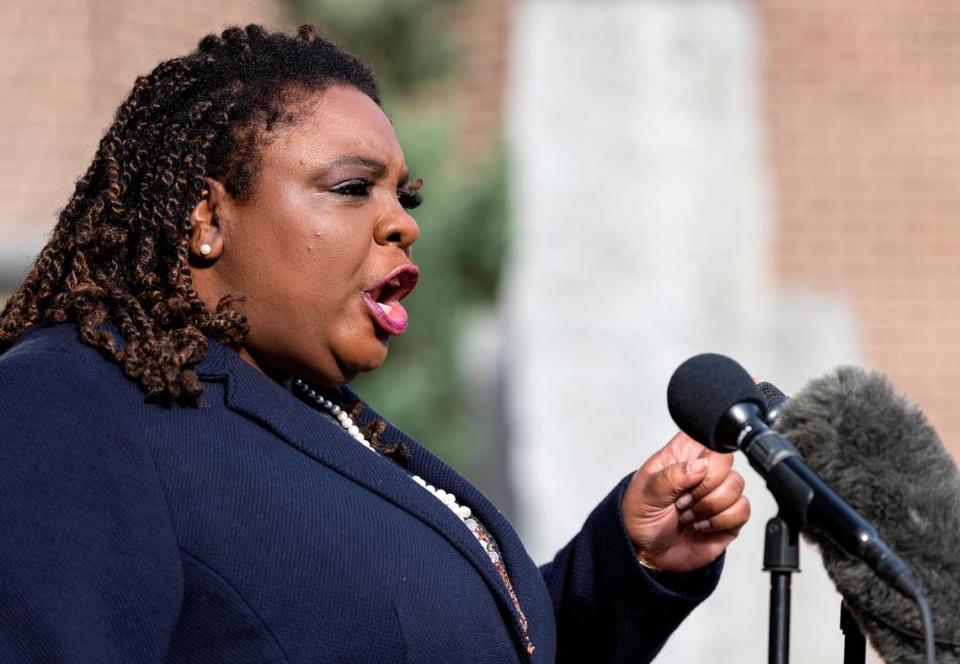 Dawn Blagrove, executive director of Emancipate NC, speaks during a press conference in Raleigh, N.C. on Monday, Jan. 30, 2023, about a 2020 incident in which Raleigh police officers served a no-knock raid at the wrong address. Kaitlin McKeown/kmckeown@newsobserver.com