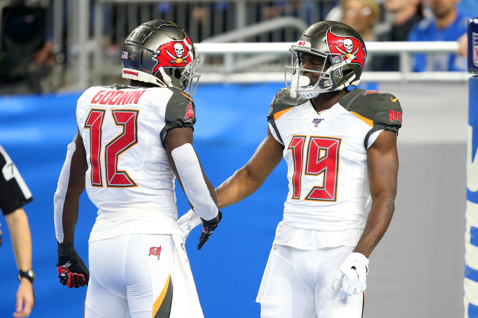 Tampa Bay Buccaneers wide receiver Breshad Perriman (19) is congratulated by Chris Godwin (12) after a touchdown. (Photo by Amy Lemus/NurPhoto via Getty Images)
