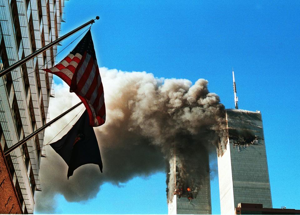 Smoke pours from the World Trade Center after it was hit by two planes Sept. 11, 2001, in New York City.