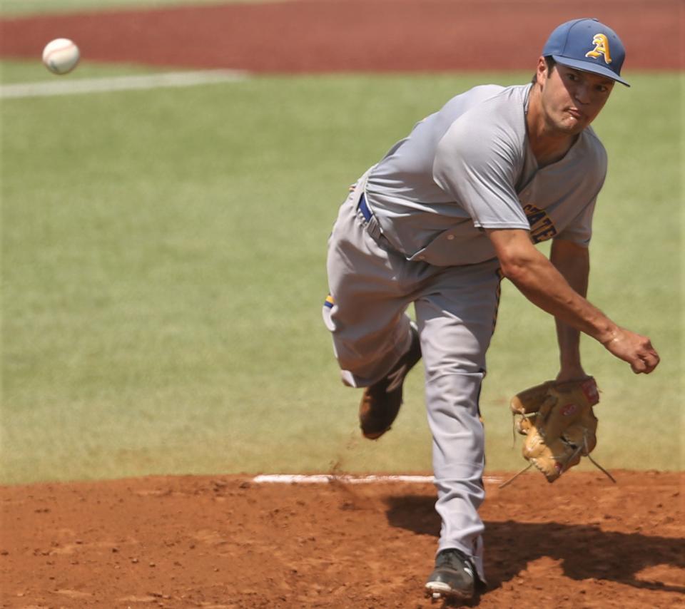 Angelo State University's Aaron Munson fires a pitch against Colorado Mesa during Game 2 of the Super Regional at Foster Field at 1st Community Credit Union Stadium on Saturday, May 28, 2022.