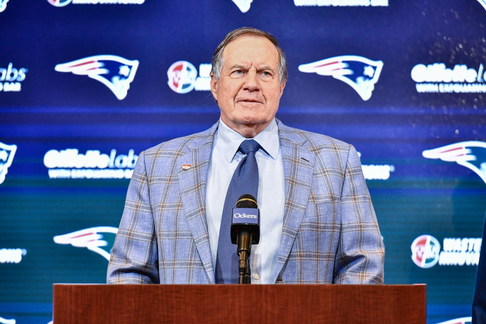 New England Patriots head coach Bill Belichick announces he is leaving the team during a press conference at Gillette Stadium in Foxborough, Massachusetts, on January 11, 2024. Belichick, the NFL mastermind who has guided the New England Patriots to a record six Super Bowl titles as head coach, is parting ways with the team after 24 seasons. (Photo by Joseph Prezioso / AFP) (Photo by JOSEPH PREZIOSO/AFP via Getty Images)