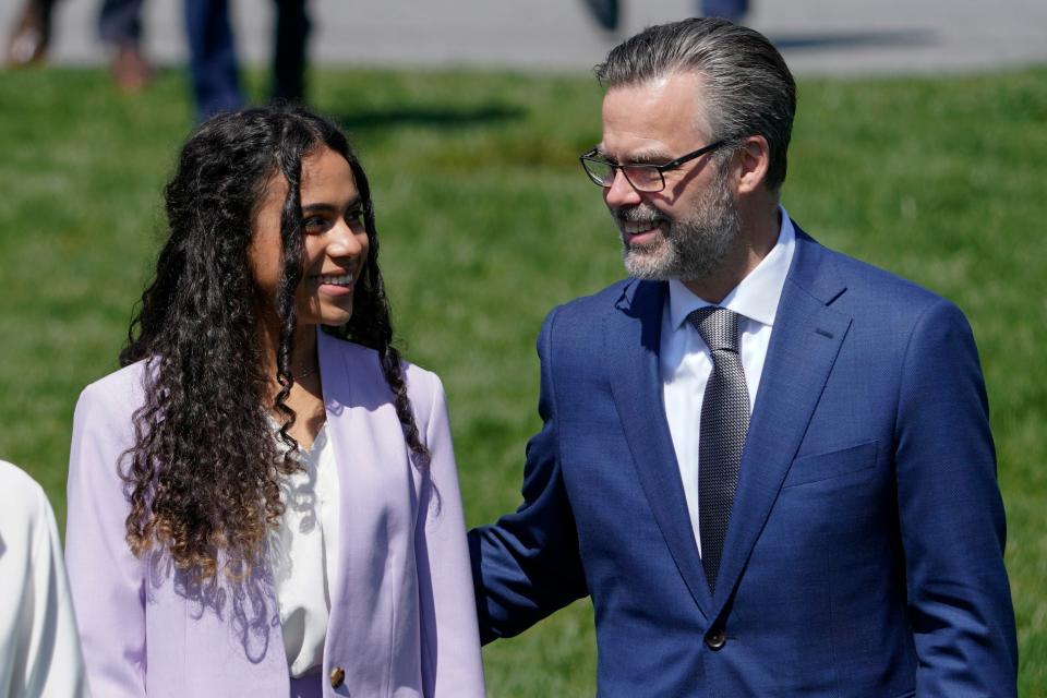 Judge Ketanji Brown Jackson's husband Dr. Patrick Jackson and daughter Leila Jackson arrive on the South Lawn of the White House where President Joe Biden, accompanied by Vice President Kamala Harris and Judge Jackson, will speak and celebrate the confirmation of Judge Jackson as the first Black woman to reach the Supreme Court, Friday, April 8, 2022 in Washington.