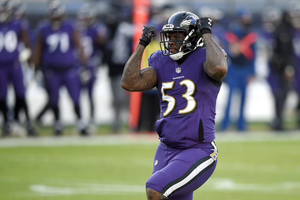 Baltimore Ravens defensive end Jihad Ward reacts after sacking New York Giants quarterback Daniel Jones during the second half of an NFL football game, Sunday, Dec. 27, 2020, in Baltimore. (AP Photo/Gail Burton)