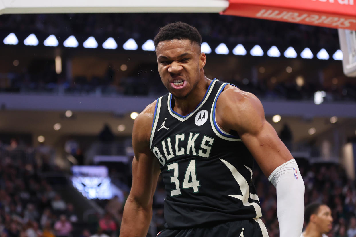 Giannis Antetokounmpo has been scorching hot lately, averaging 37 pts, 11.5 rebounds and 6 assists in his last six games. (Stacy Revere/Getty Images)